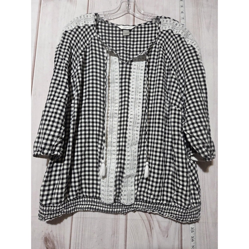 CJ Banks Blouse Womens XL Black White Gingham Embroidered Peasant Boho Top Rayon